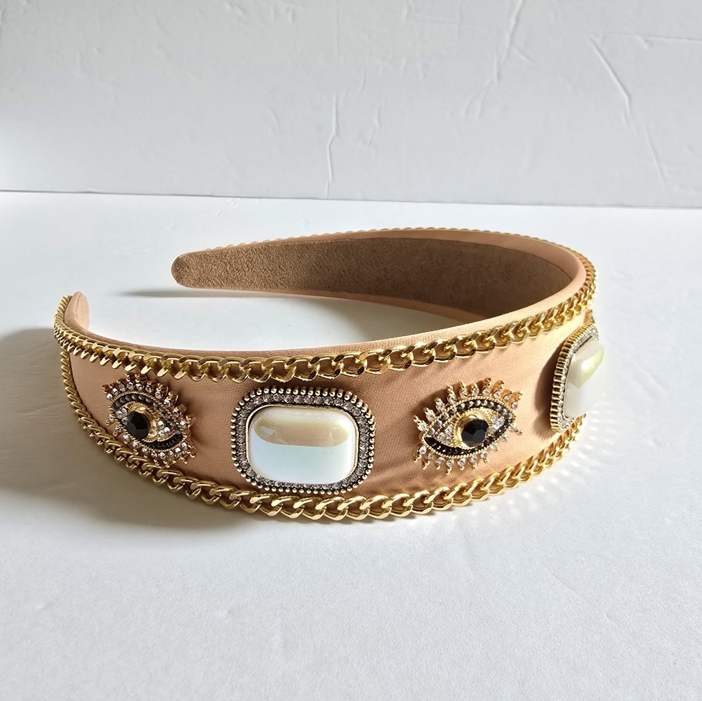 Embellished Tan Headband with Pearl And Gold Accents - Picture 2 of 7